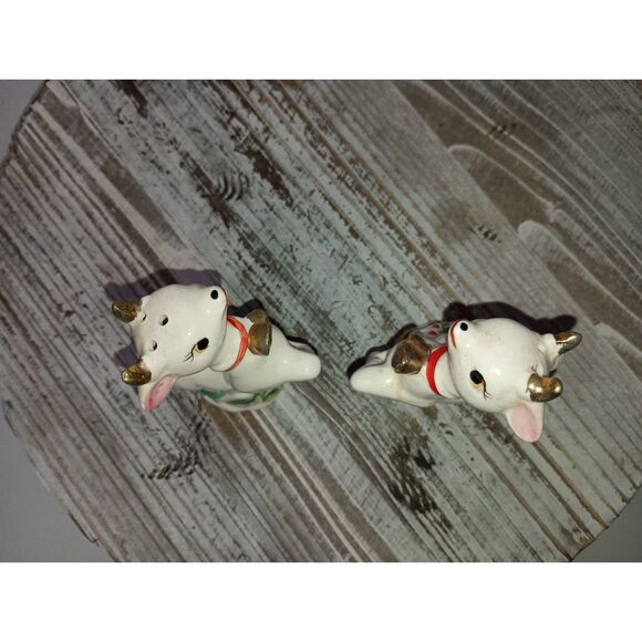 Vintage Christmas Reindeer Salt & Pepper Shakers w. Candy Cane Gold Antlers Set - Picture 7 of 7